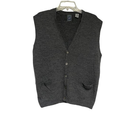 Mens Gray Wool Button-Up Sleeveless Cardigan Vest with Pockets - Picture 1 of 6